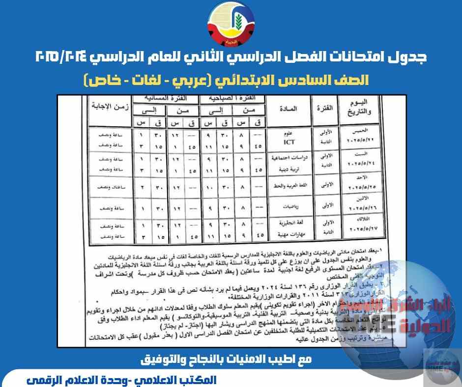 مواعيد امتحانات الفصل الدراسي الثاني للمرحلة الابتدائية للعام الدراسي 2024/2025